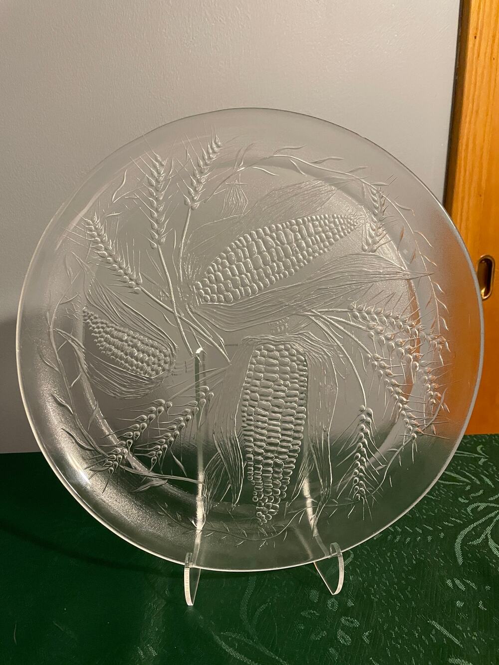 VTG 12" Round Clear Glass Platter Fall Autumn Harvest Wheat Corn Thanksgiving